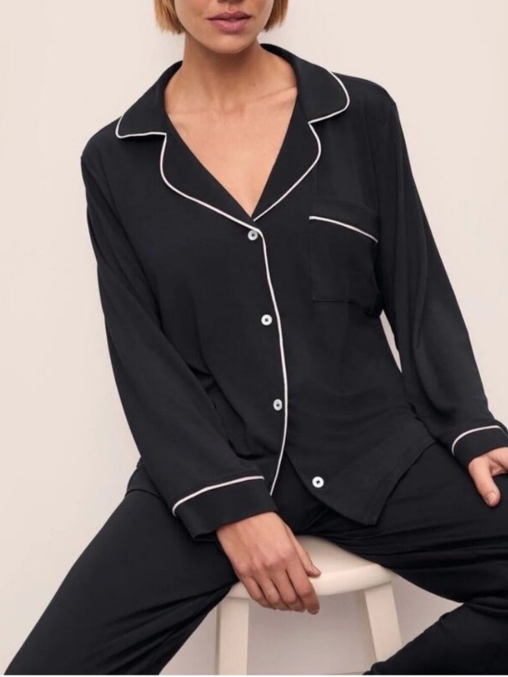 Eberjey Gisele Tencel modal black white trim button up long pajama set,-158.00 - Picture 2 of 9
